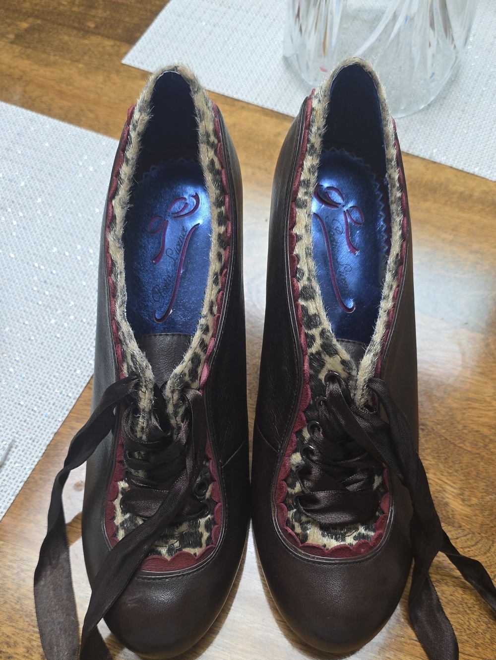 Poetic License Brown Leather Heels with Leopard Trim and Maroon Accents